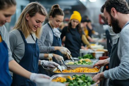 Community Volunteers Preparing and Serving Healthy Meals at Local Food Kitchen During Evening Hoursの素材
