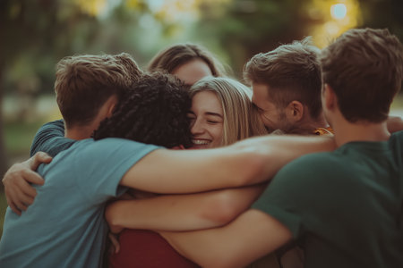 Friends Sharing a Warm Embrace in a Sunlit Park During Late Afternoon Gatheringの素材