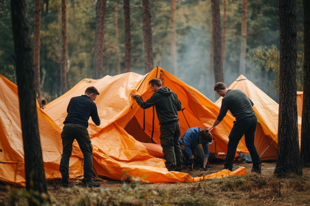 Group of Campers Setting Up Bright Orange Tents in Pine Forest During Daytimeの素材