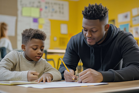 Engaging Student and Mentor Collaborate on Homework Assignment in Classroom Settingの素材