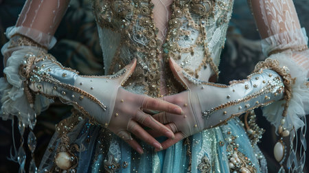 Intricate Costume Details of an Elegant Figure in a Fantasy Setting at Twilightの素材