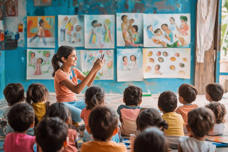 Engaging Classroom Session With Children Listening to a Storyteller in a Colorful Learning Environmentの素材
