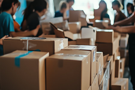 Team of Volunteers Organizing Donation Boxes in Community Center During Afternoonの素材