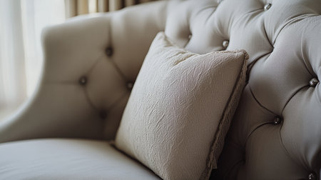 Elegant Beige Couch With Textured Cushion in a Bright Living Room Settingの素材