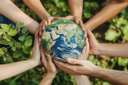 Group of Diverse Hands Holding a Globe Surrounded by Lush Greenery in Daylightの素材