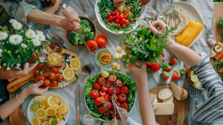 Enjoying Fresh Ingredients While Preparing A Colorful Salad Together Outdoors During A Sunny Afternoonの素材