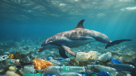 Dolphin Swimming Among Plastic Waste in Ocean Environment on Bright Sunny Dayの素材