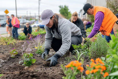 Community Volunteers Planting Flowers and Vegetables in Urban Garden During Bright Spring Morningの素材