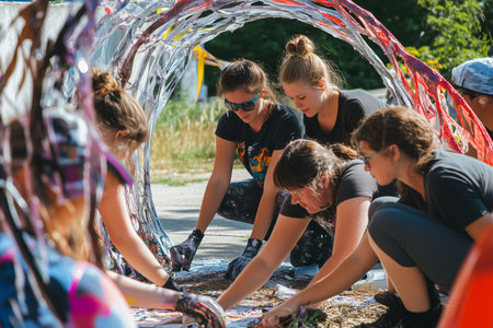 Group of Volunteers Creating Art Installation in Community Park on Bright Summer Dayの素材