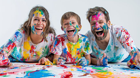 Joyful Family Engaging in Colorful Art Activity at Home on a Sunny Dayの素材