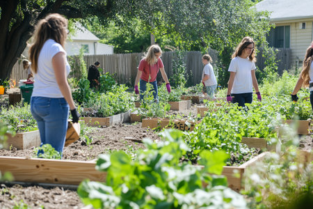 Community Gardening Event In Full Swing As Volunteers Cultivate Vegetable Beds On A Sunny Weekend Morningの素材