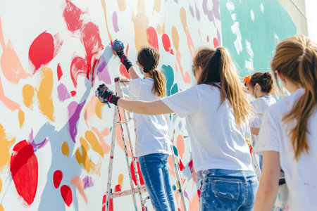 Youth Volunteers Brightening Up a Community Wall With Colorful Mural Painting Activities on a Sunny Afternoonの素材