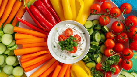 Colorful Arrangement of Fresh Vegetables and Dip on a White Plate at a Summer Gatheringの素材