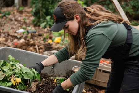 Young Woman Actively Engaging in Composting and Gardening in Community Garden During Spring Afternoonの素材