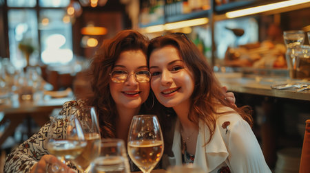 Two Friends Enjoying Dinner Together at a Cozy Restaurant on a Weekend Eveningの素材