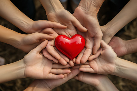 Peoples Hands Supporting a Bright Red Heart in a Natural Environment During Daylightの素材