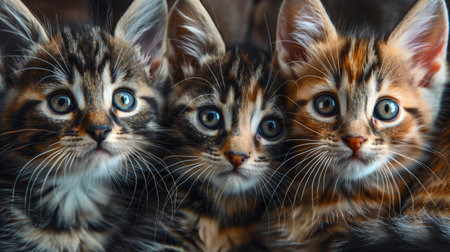 Three Playful Kittens With Striped Fur Sitting Together in a Cozy Indoor Settingの素材