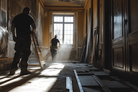 Workers Restoring an Old Building Interior in the Late Afternoon Lightの素材