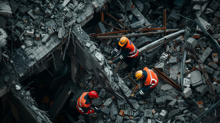 Rescue Workers Searching Through Rubble After Building Collapse in Urban Area at Duskの素材