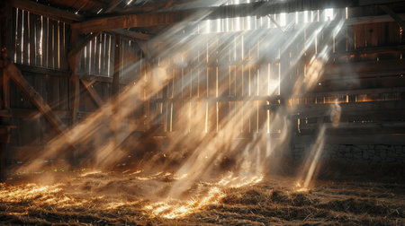 Sunlight Streams Through Barn Windows Illuminating Fresh Hay on the Groundの素材