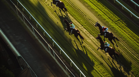 Horses Racing on a Sunlit Track During an Afternoon Competition in the Summerの素材