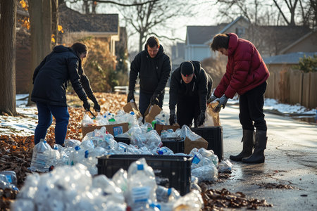 Community Volunteers Cleaning Up Plastic Waste on a Clear Winter Dayの素材