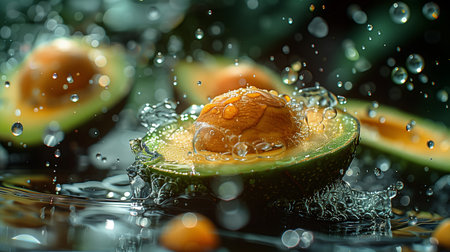 Fresh Avocados Splashed by Water on a Bright Summer Day in Natureの素材