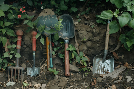 Collection of Gardening Tools Resting on Soil in a Vibrant Outdoor Garden Areaの素材