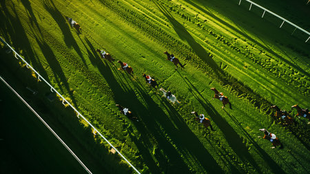 Horses Galloping Rapidly Across Green Turf During Afternoon Race at Local Track Eventの素材