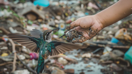 A Child Feeding a Beautiful Kingfisher Bird Amidst a Littered Urban Environmentの素材