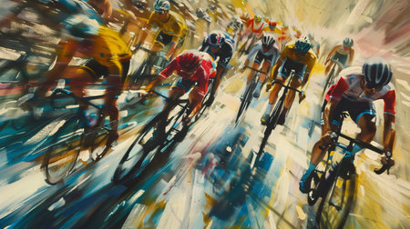 High-Energy Cycling Race With Competitors Racing Through Vibrant Streets at Sunsetの素材
