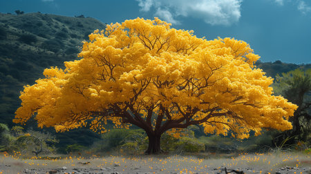 Vibrant Yellow Tree Standing Majestically Against an Azure Sky in Natures Splendorの素材