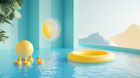Bright and Cheerful Poolside Scene With Rubber Ducks and Floating Ring at Sunny Morningの素材