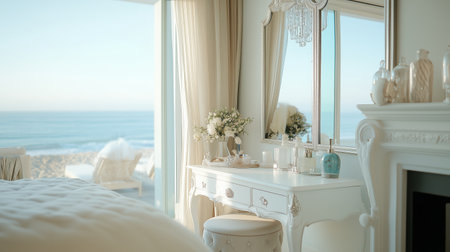 Elegant Coastal Bedroom With Vintage Vanity Overlooking Serene Ocean at Dawnの素材