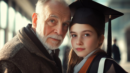 Celebration of Achievement With Grandfather and Granddaughter in Graduation Attire at a Ceremonyの素材