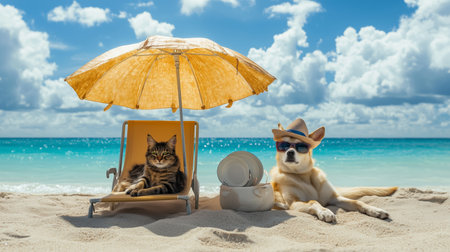 Cat and Dog Relaxing Under Orange Umbrella on Tropical Beach During Sunny Dayの素材