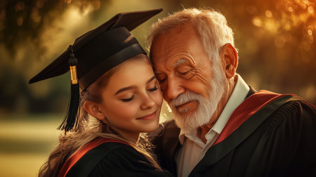 Emotional Graduation Celebration Between Granddaughter and Grandfather in Sunny Park During Afternoonの素材