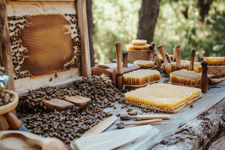 Traditional Beekeeping Setup With Honeycomb and Beekeeper Tools in a Sunny Forest Locationの素材