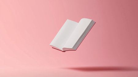 A blank book floating against a soft pink background in a creative design settingの素材