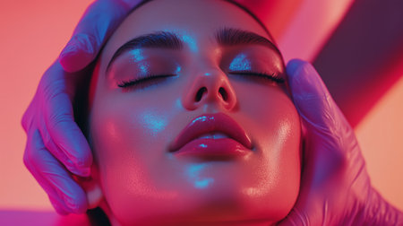 A serene beauty treatment session with glowing skin in a modern spa setting during evening hoursの素材