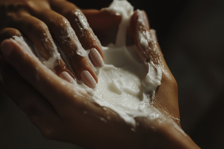 Applying Moisturizing Cream to Hands for Hydration in Soft Lightの素材