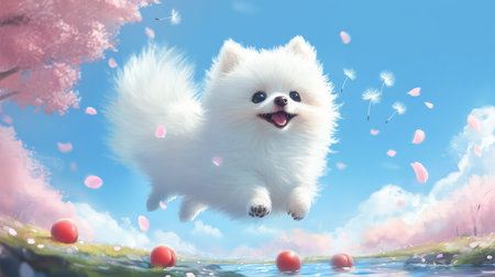 A joyful white pomeranian leaps over a pond in a vibrant spring landscape surrounded by cherry blossomsの素材