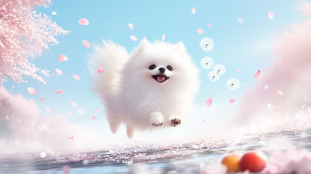 A playful white Pomeranian joyfully leaps through cherry blossoms near a tranquil lake on a sunny spring afternoonの素材