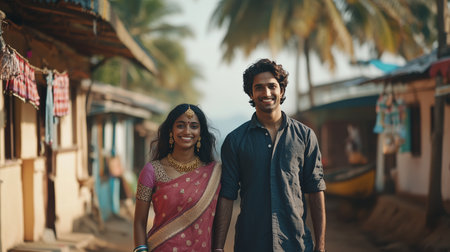 Young couple in traditional attire walking hand in hand through a vibrant village street under the palm treesの素材