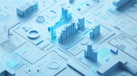 Three-dimensional data visualization showcasing architectural models and graphs in a technological environmentの素材