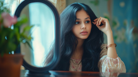 A young woman gazes thoughtfully into a mirror while sitting at a wooden tableの素材