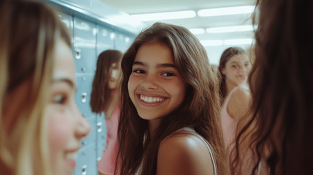 Teenage girls enjoying their time together in a school hallway during a bright afternoonの素材