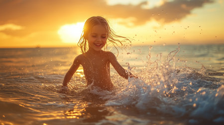 A joyful child playing in shallow ocean water during a vibrant sunset at the beachの素材