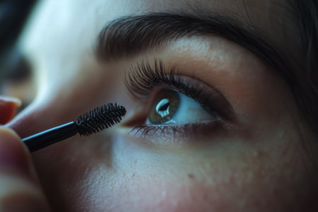 Applying Mascara to Enhance Lashes in a Close-Up Beauty Routineの素材