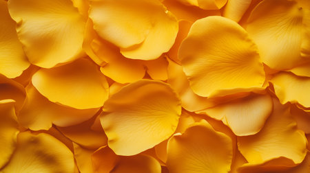 Beautiful close-up of vibrant yellow rose petals scattered across a surface in soft natural lightの素材